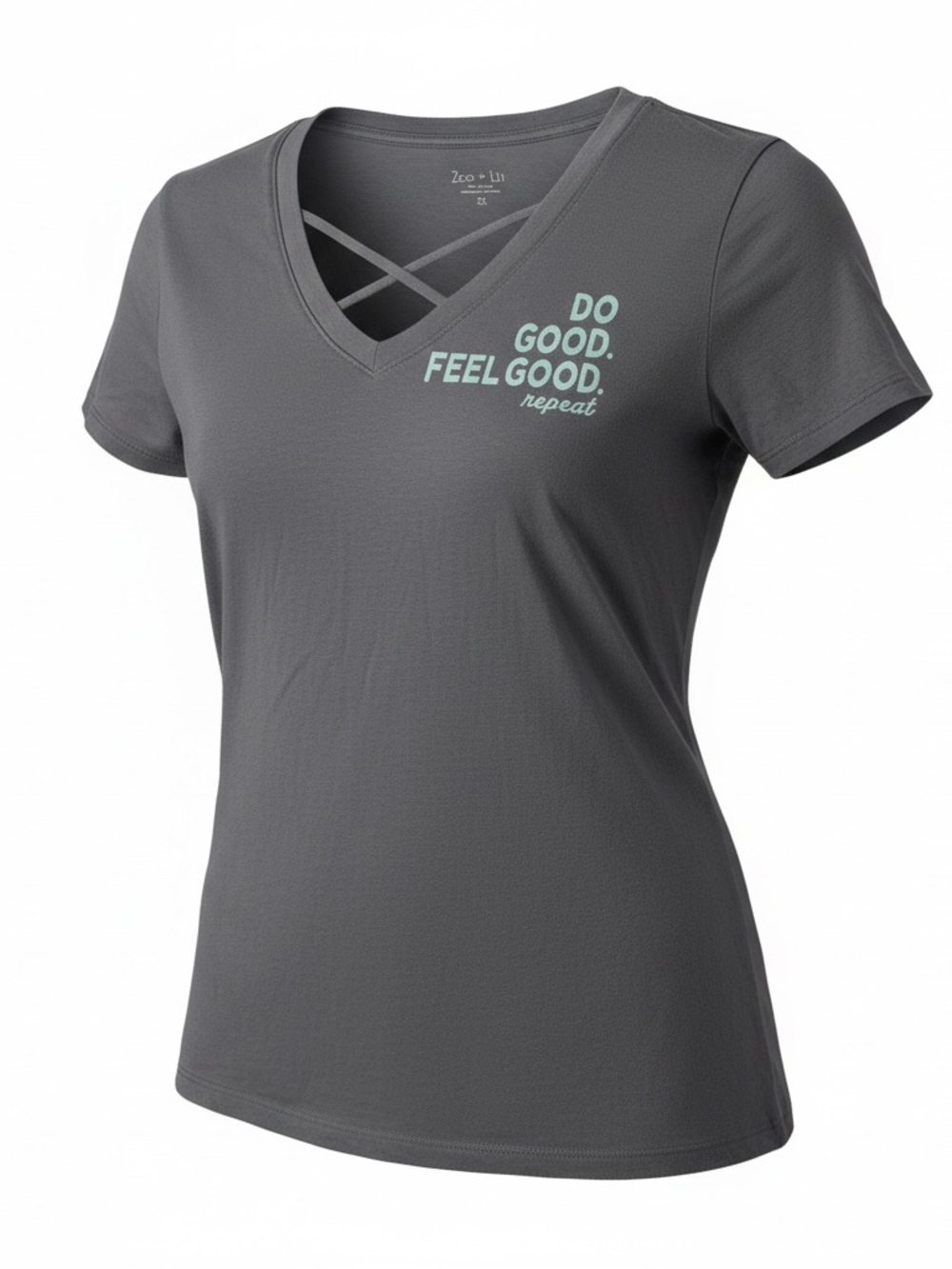 Zoe + Liv Gray V-Neck Crisscross Tee with Mint Script